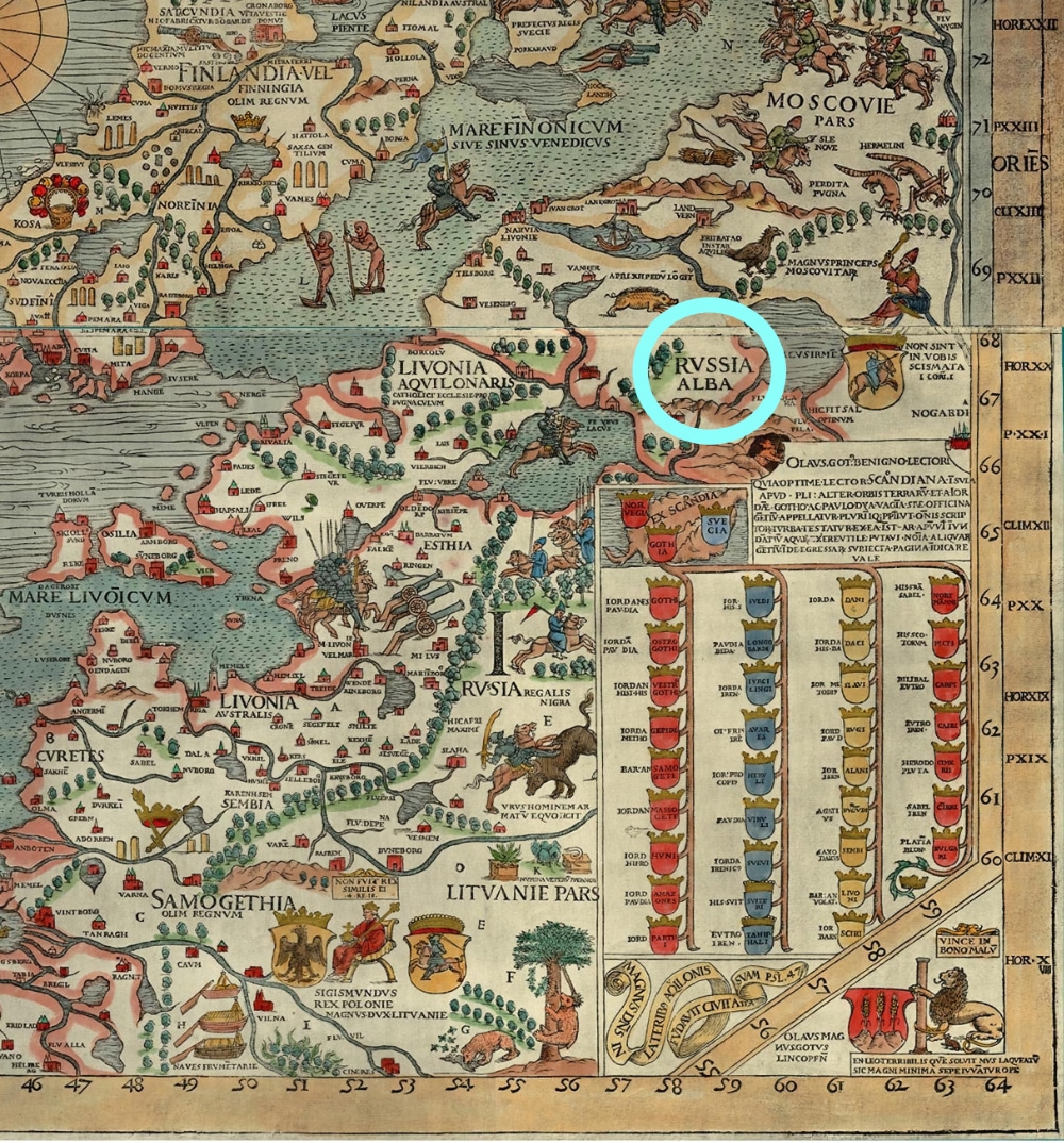 Carta marina (1539 hod), stvoranaj Olafam Magnusam i nadrukavanaja ŭ Venecyi. Nazva Russіa Alba na ziemliach Noŭharada.