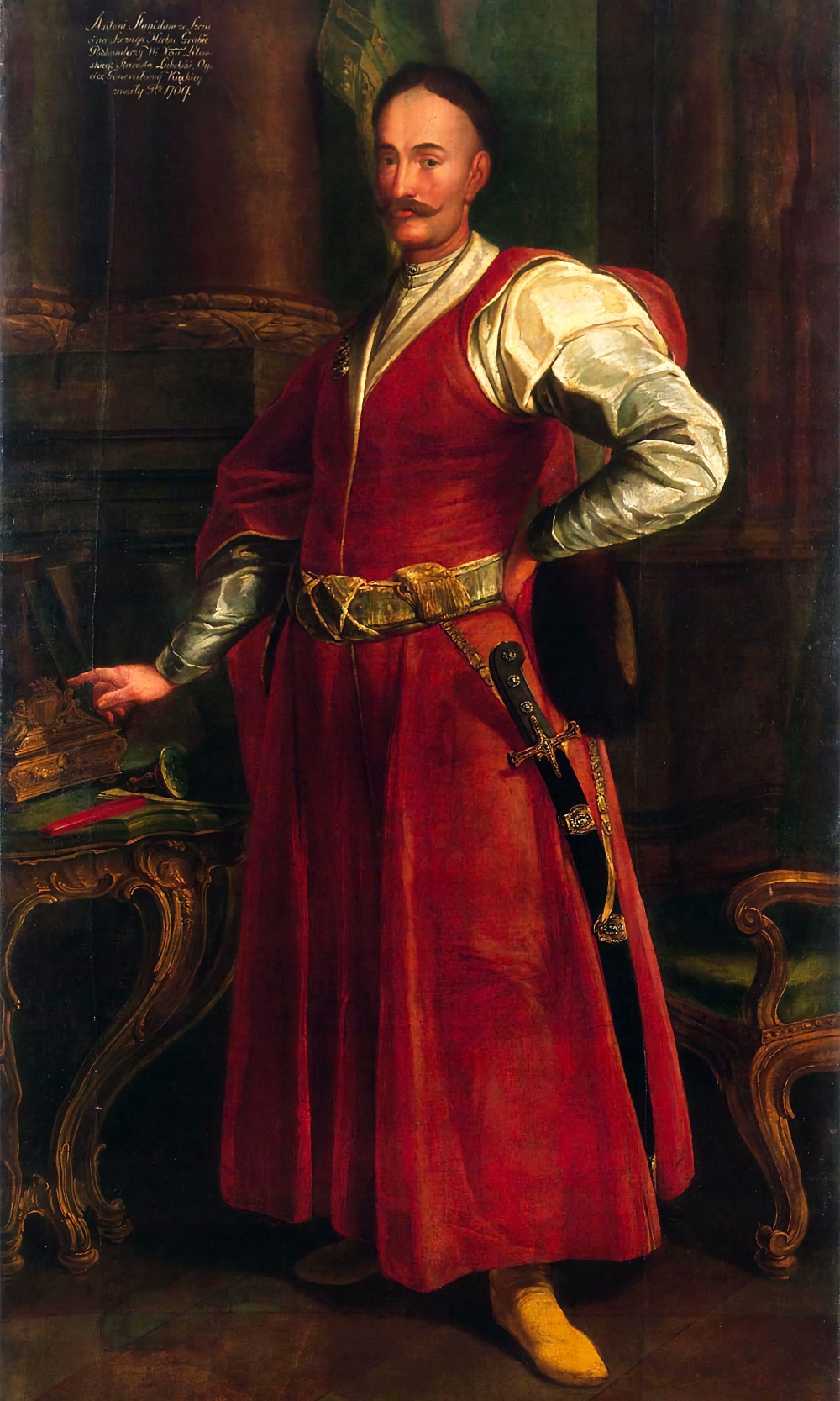 Stanislaŭ Antoni Ščuka ŭ karmazinavym kuntušy. Nieviadomy mastak, 1735–1740. Stanislaŭ Antoni Ščuka ŭ karmazinavym kuntušy. Nieviadomy mastak, 1735–1740